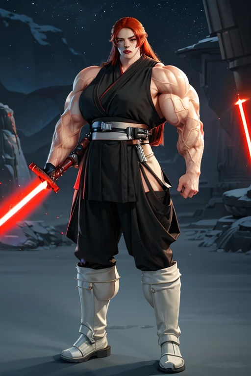(((Massive, tall, beautiful, buff, muscular pale white skinned asian female Jedi with red hair, black lipstick, ginormous bulky muscles, holding a lightsaber and wearing an all red Jedi outfit and Jedi pants))), (close view), black eyeliner, massive muscles, massive biceps, hyper muscle triceps, (long hair), yellow eyes, Jedi boots, In space, Jedi outfit, Jedi pants, nighttime, confident smile, hyper muscles arms, hyper muscle legs, (ginormous arms)