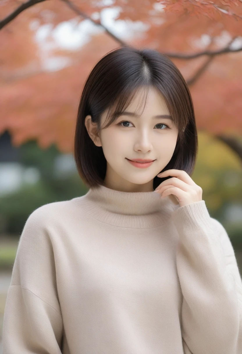 8k, Ultra-high resolution, Highest quality, masterpiece, 三分割法によるphotograph,Surreal, photograph, 1 girl, (:1.3), pretty girl, Cute face, Beautiful eyes in every detail, 細かくdetailedに,masterpiece,, One Girl:1.2, Japan Female Announcer,whole body,Young Wife,Urban area,street tree,The arrival of autumn,Turtleneck sweater,A scene in mini length,Full of cleanliness,A carefree smile,Healing the heart,Short Bob,Looking at the audience、beauty,Long neck、Laugh a little、Please close your mouth and laugh、(((Ideal body type))),A-cup small breasts :2,、Portraiture:2、Perfect Anatomy、鮮明なdetailed、detailed、Surreal、Light and shadow,Strong light