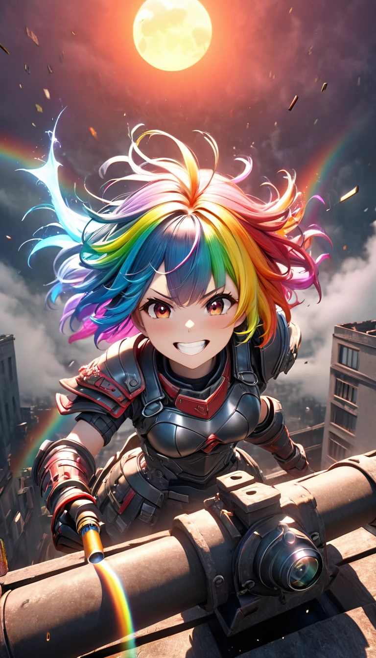 From above, Highest quality, Highest quality, 16K, Unbelievably absurd, Very detailed, 3D, delicate and dynamic, Ruthless, Cool and beautiful female warrior, Shining Rainbow Perspective, Rainbow colored messy wavy short hair, Captivating look, Excited expression, Teasing Smile, Grin, Mischievous Smile, Heavy Armor, Heavy beam cannon, Ominous Aura Swirl Effect, Background Rooftop Ruins City, Big Red Full Moon, Exposed Steel, Flying glass, spark, cigarette, fog, Spooky atmosphere colors, Slow-motion effect, Dark fantasy
