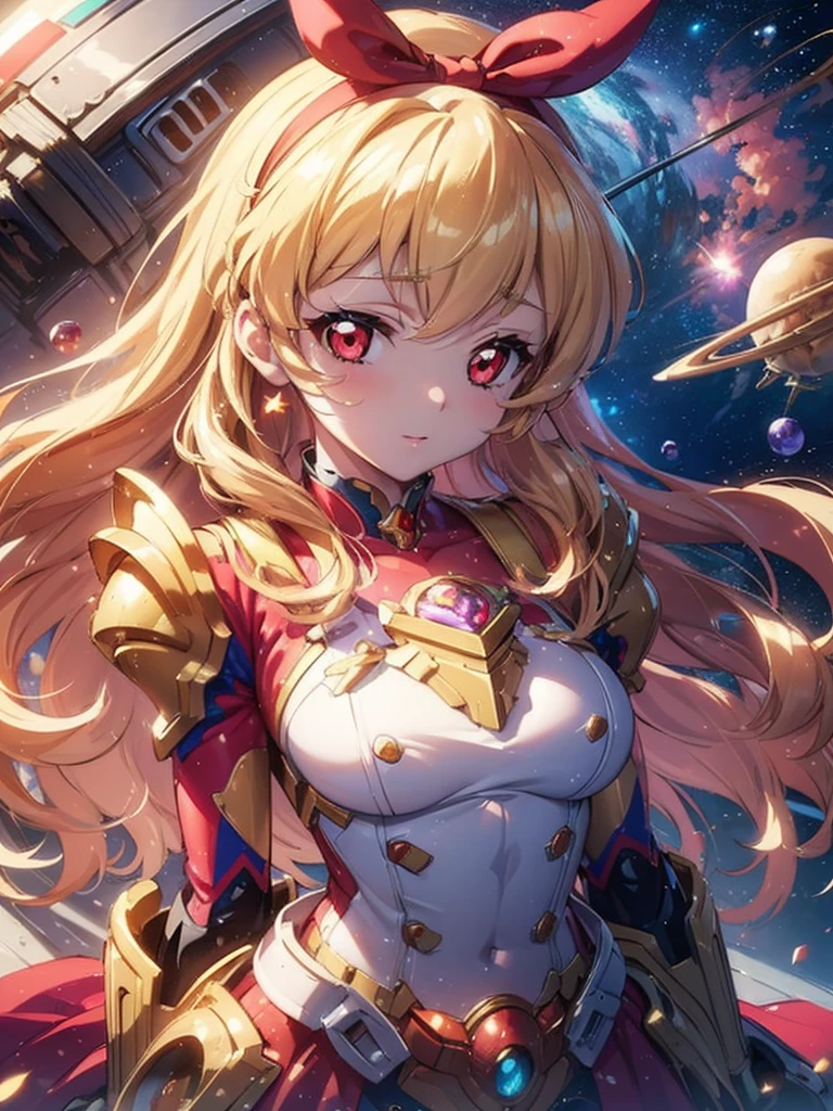 best quality, ultra detailed 8k cg render, masterpiece, high resolution, extremely detailed,
voluptuous beauty mecha girl,
super breasts,
, blonde hair, RED eyes,
gold White mix color mecha armor,
RED hair bund,
universe,outer space,
Venus planet,
bubble image,
persona face,Ichigo Hoshimiya (Aikatsu!)