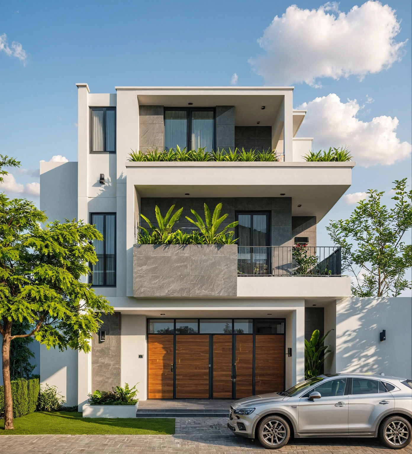 Masterpiece, high quality, best quality, authentic, realistic scene, super detail, outdoors, house on the street, white wall, electric power pole, glass window, steel gate, road, pavement, grass, trees, sky, cloud, car (daylight:1.1)
