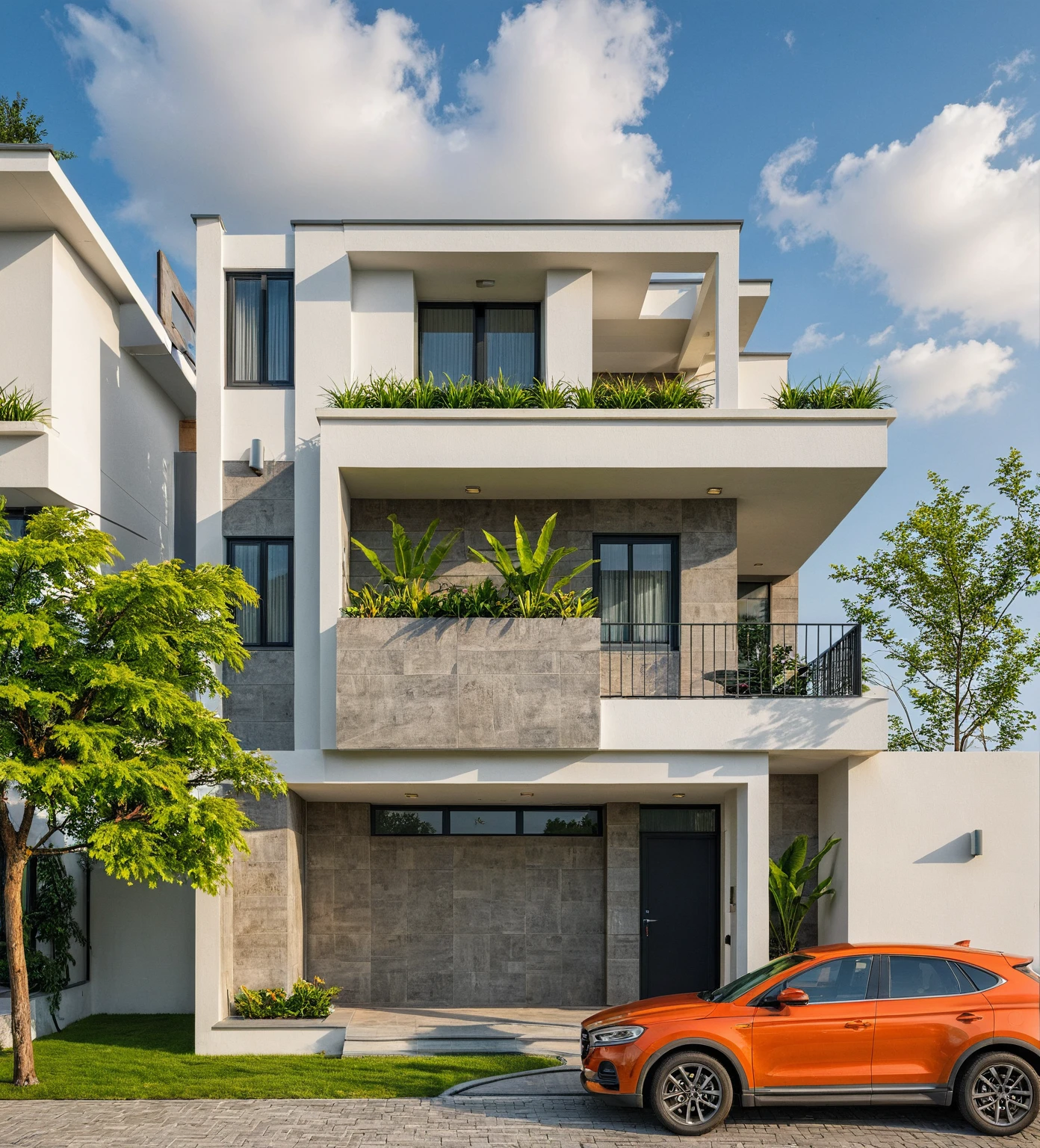 Masterpiece, high quality, best quality, authentic, realistic scene, super detail, outdoors, house on the street, white wall, electric power pole, glass window, steel gate, road, pavement, grass, trees, sky, cloud, car (daylight:1.1)
