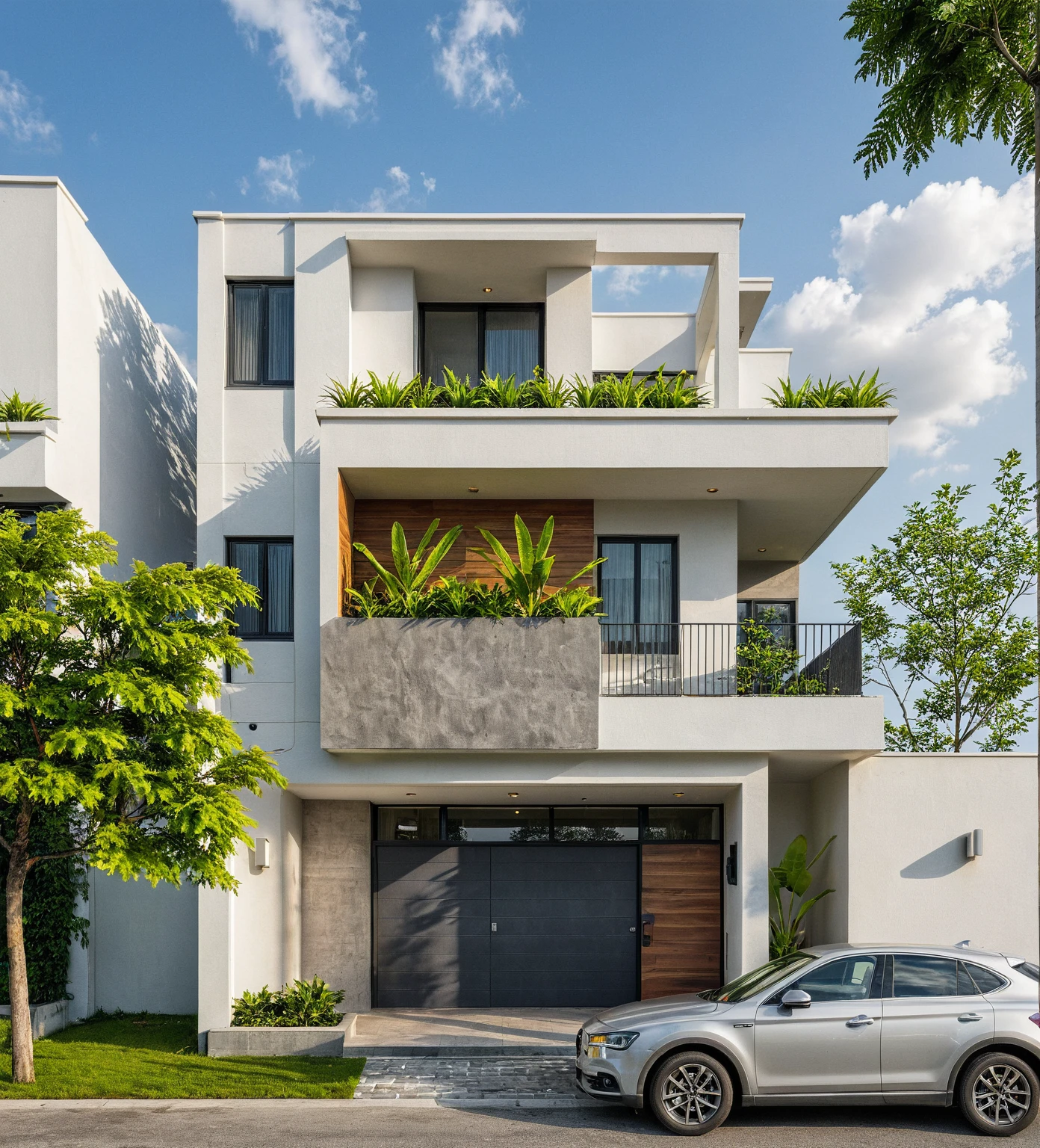 Masterpiece, high quality, best quality, authentic, realistic scene, super detail, outdoors, house on the street, white wall, electric power pole, glass window, steel gate, road, pavement, grass, trees, sky, cloud, car (daylight:1.1)