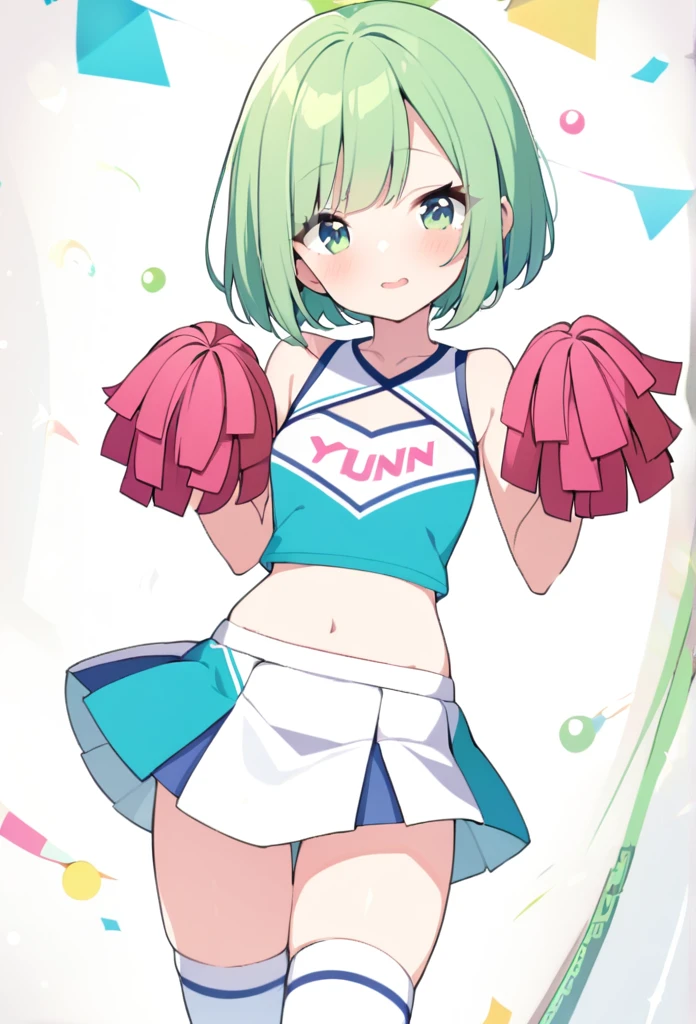 1 girl, cute, young, green hair, bob haircut, green eyes, cheerleader clothes, thigh high,