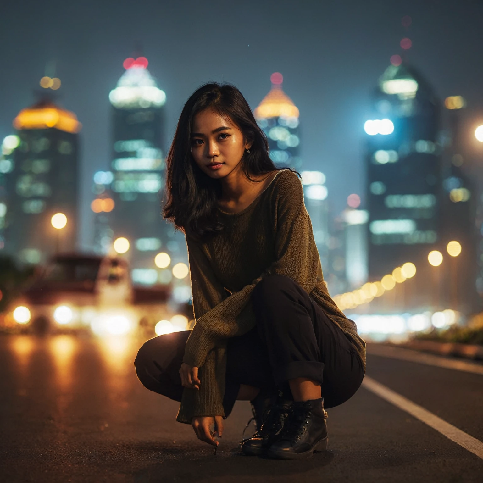 an Indonesian woman crouching down on the ground in front of a Jakarta city at night, gaze at the camera, shot in canon 50mm f/1.2, profile picture 1024px, soft bokeh on the foreground
