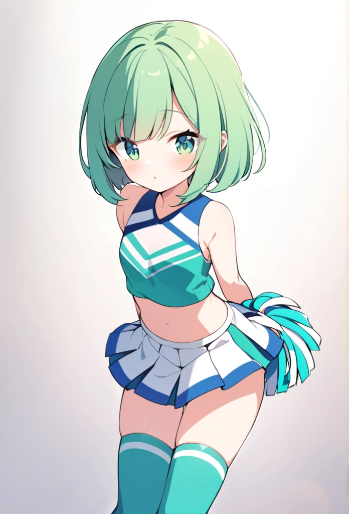 Solo, female, standing, catgirl, ((( green cheerleader uniform))), small breasts, perky breasts, (30 years), blue hair, short hair, blue eyes, cyberpunk, crowded dance club, on stage dancing, pink lipgloss, smile, facing viewer,(extremely detailed:1.3),detailed hands, (extremely detailed eyes), by bebebebebe, by spuydjeks, by spikedmauler
