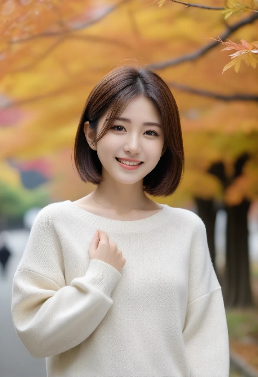 8k, Ultra-high resolution, Highest quality, masterpiece, 三分割法によるphotograph,Surreal, photograph, 1 girl, (16 years old:1.3), pretty girl, Cute face, Beautiful eyes in every detail, 細かくdetailedに,masterpiece,, One Girl:1.2, Japan Female Announcer,whole body,Young Wife,Urban area,street tree,The arrival of autumn,Turtleneck sweater,A scene in mini length,Full of cleanliness,A carefree smile,Healing the heart,Short Bob,Looking at the audience、beauty,Long neck、Laugh a little、Please close your mouth and laugh、(((Ideal body type))),A-cup small breasts :2,、Portraiture:2、Perfect Anatomy、鮮明なdetailed、detailed、Surreal、Light and shadow,Strong light