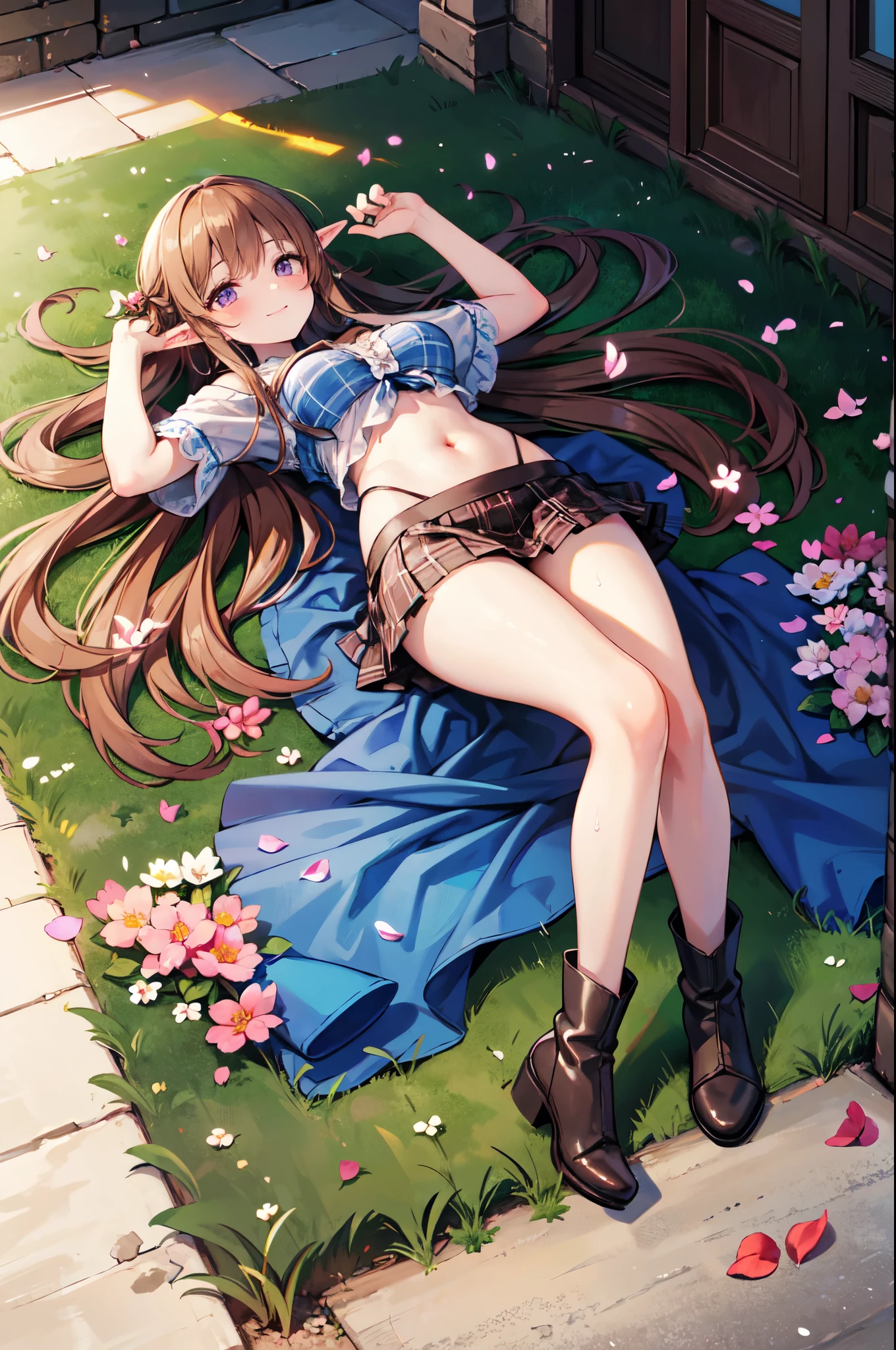 realistic image, detailed image, coherent image, 1 beautiful elf, she has very long hair, brown hair, violet eyes, smiling, sweating, she is wearing a loose blouse, showing her navel, plaid pleated mini skirt, boots up mid-thighs, She has a curvy body, medium breasts and thick thighs, She is lying under the shade of a tree, arching her back, surrounded by flower petals falling around, inside a patio with flowers, sunset, twilight , Soft focus, full body view, Dramatic shadows, Volumetric lighting, natural lighting,