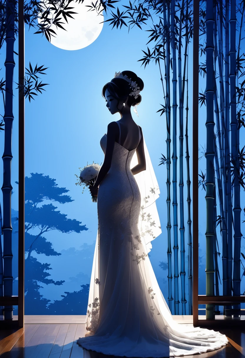 (((Silhouette Art:1.4))), 1Bridal Clothing, (Double contact:1.3), A bride in a wedding dress stands alone at a restaurant wedding，Overlooking the Japanese garden surrounded by bamboo forest, Blue Moon, (close up), promote, complicated, (best quality, masterpiece, representative work, Official Art, professional, Unity 8k wallpaper:1.3)