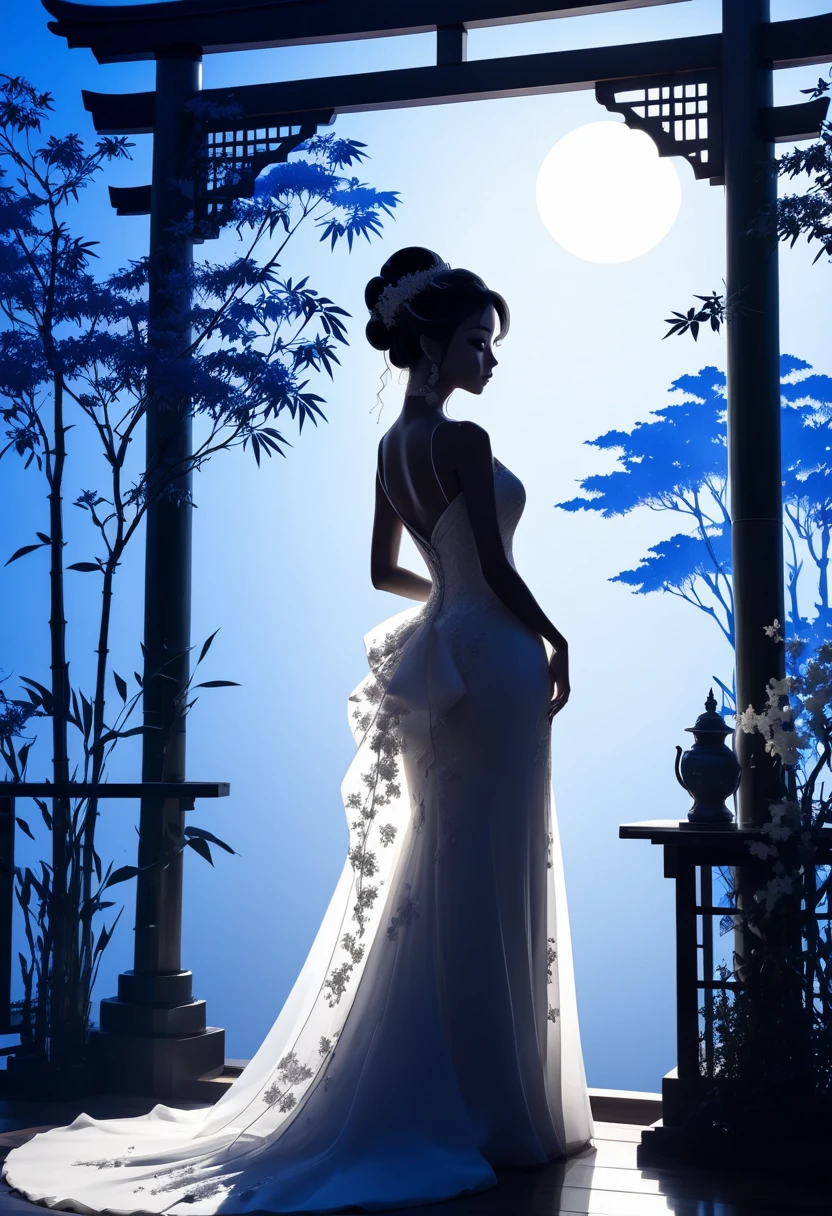 (((Silhouette Art:1.4))), 1Bridal Clothing, (Double contact:1.3), A bride in a wedding dress stands alone at a restaurant wedding,Overlooking the Japanese garden surrounded by bamboo forest, Blue Moon, (close up), promote, complicated, (best quality, masterpiece, representative work, Official Art, professional, Unity 8k wallpaper:1.3)