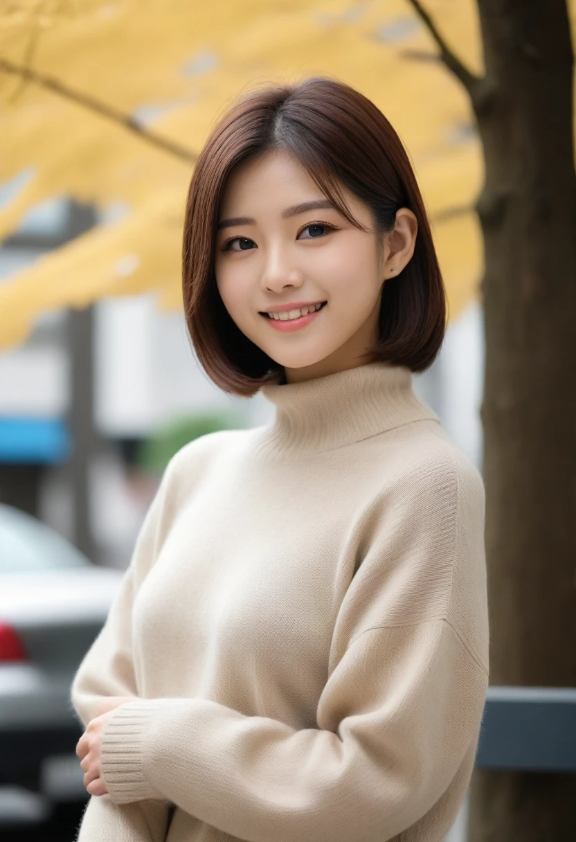 8k, Ultra-high resolution, Highest quality, masterpiece, 三分割法によるphotograph,Surreal, photograph, 1 girl, (16 years old:1.3), pretty girl, Cute face, Beautiful eyes in every detail, 細かくdetailedに,masterpiece,, One Girl:1.2, Japan Female Announcer,whole body,Young Wife,Urban area,street tree,The arrival of autumn,Turtleneck sweater,A scene in mini length,Full of cleanliness,A carefree smile,Healing the heart,Short Bob,Looking at the audience、beauty,Long neck、Laugh a little、Please close your mouth and laugh、(((Ideal body type))),A-cup small breasts :2,、Portraiture:2、Perfect Anatomy、鮮明なdetailed、detailed、Surreal、Light and shadow,Strong light