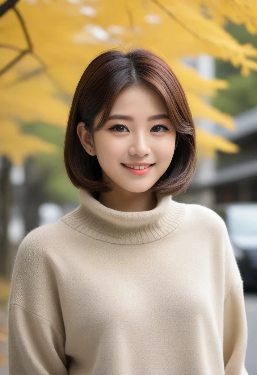 8k, Ultra-high resolution, Highest quality, masterpiece, 三分割法によるphotograph,Surreal, photograph, 1 girl, (16 years old:1.3), pretty girl, Cute face, Beautiful eyes in every detail, 細かくdetailedに,masterpiece,, One Girl:1.2, Japan Female Announcer,whole body,Young Wife,Urban area,street tree,The arrival of autumn,Turtleneck sweater,A scene in mini length,Full of cleanliness,A carefree smile,Healing the heart,Short Bob,Looking at the audience、beauty,Long neck、Laugh a little、Please close your mouth and laugh、(((Ideal body type))),A-cup small breasts :2,、Portraiture:2、Perfect Anatomy、鮮明なdetailed、detailed、Surreal、Light and shadow,Strong light