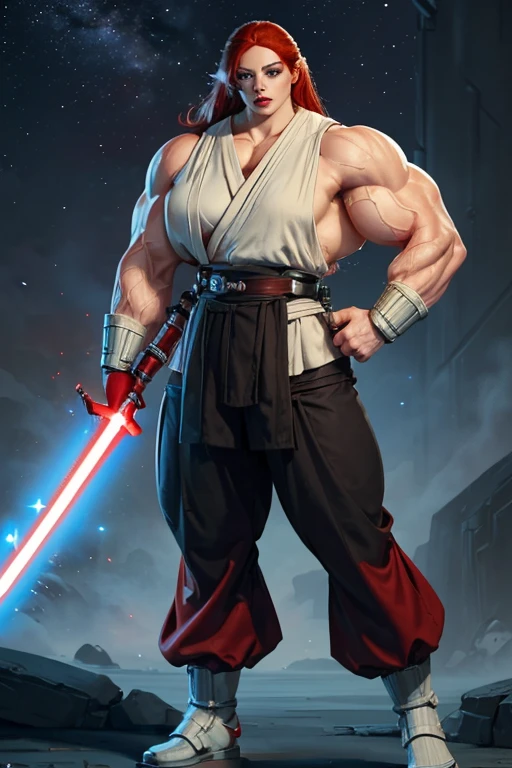 (((Massive, tall, beautiful, buff, muscular pale white skinned asian female Jedi with red hair, black lipstick, ginormous bulky muscles, holding a lightsaber and wearing an all red Jedi outfit and Jedi pants))), (close view), black eyeliner, massive muscles, massive biceps, hyper muscle triceps, (long hair), yellow eyes, Jedi boots, In space, Jedi outfit, Jedi pants, nighttime, confident smile, hyper muscles arms, hyper muscle legs, (ginormous arms)