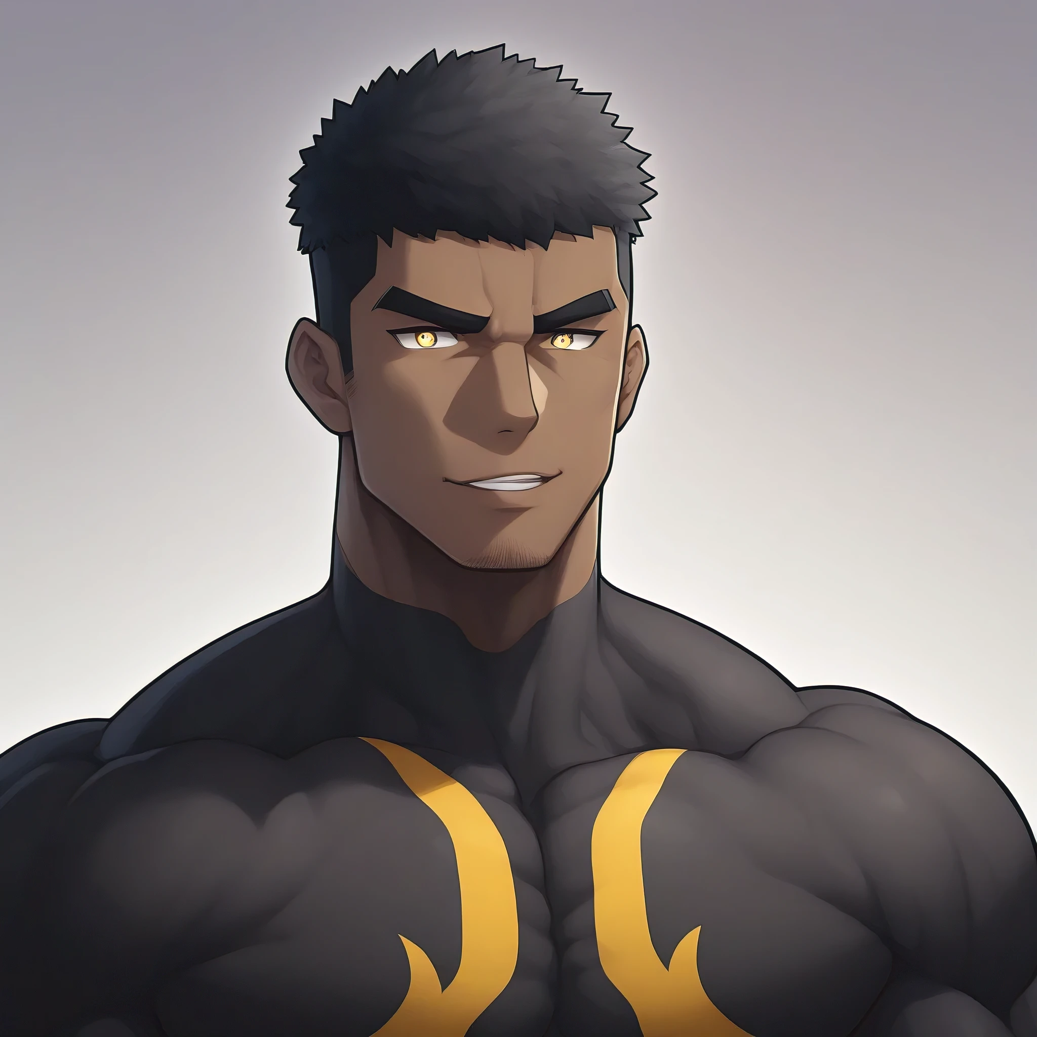 negro, negro, negro, anime characters:Gyee, Muscle Sports Student, negro black skin, Very Black, 1 muscular tough guy, Manliness, male focus, Dark grey and Yellow long sleeve tights, Symmetrical floral pattern, Very tight, The pectoral muscles are oversized, Slightly transparent, muscular male, muscular, only, Upper body, alone, Black short hair, Thick eyebrows, stubble, Yellow eyes, White background, simple background, amazing quality, best aesthetics, Ridiculous, bright pupils, crew cut, parted lips, seductive smile, torogao, naughty face, best quality
