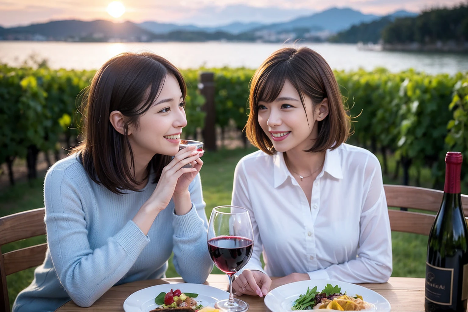 ((Highest quality、8k、masterpiece:1.3))、 (Genuineistic, Genuine、Bright image、Intricate details:1.2), 最高のsmile 男性1人 女性1人、Beautiful couple、lover、Relatives and friends、spouse、actresodel Couple、smile、Full-course dinner at a packed table、 (Slim face), (the body is slim), (Brown Hair), (short hair), テーブルのwine glass、Please shine a light on my face、 Amazing view of the sunset sky and clouds、 (33 years old)38 years old, red wine 、Appetizers、Wine bottle、sparkling wine、Long sleeve shirt、dress、White wine, red wine, wine glass,