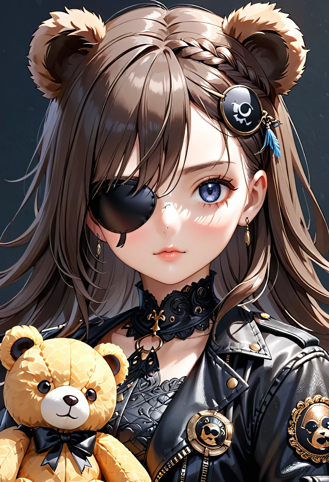 single Eye Patch with stuffed bear illustration, (single eyepatch:1.5), black leather single eye patch, intricate detailed eye patch, (Masterpiece), (Best Quality), (High Detailes), intricate details,. intricate detail texture