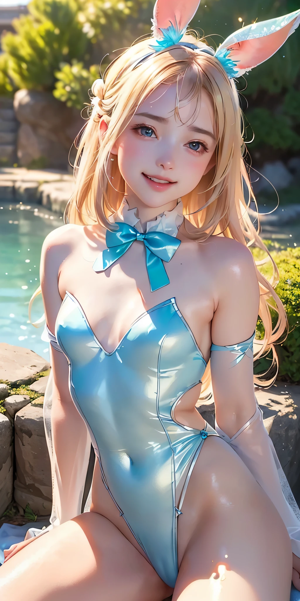 masterpiece, best quality, extremely detailed CG unity 8k wallpaper,((Upper Body)) ,((Upper Body head close-up shot of a beautiful )), , Elegant Long straight blonde hair, (Mckenna Grace), ((flat chest,thighs,Autoluminescence skin)), (sliver-blue) golden (Glittering tutu,long Bunny Ear Headgear, , Bow-tie, No panties, genitals visible), ((spread legs)),(), (Blush), , (seductive smile), (outdoors), pretty face, key art, award winning, intricate detail realism hdr, by (ruan jia and artgerm and range murata), Photorealism, Hyperrealism, ultra realistic, dramatic light, intense shadows, gorgeous view, depth of field