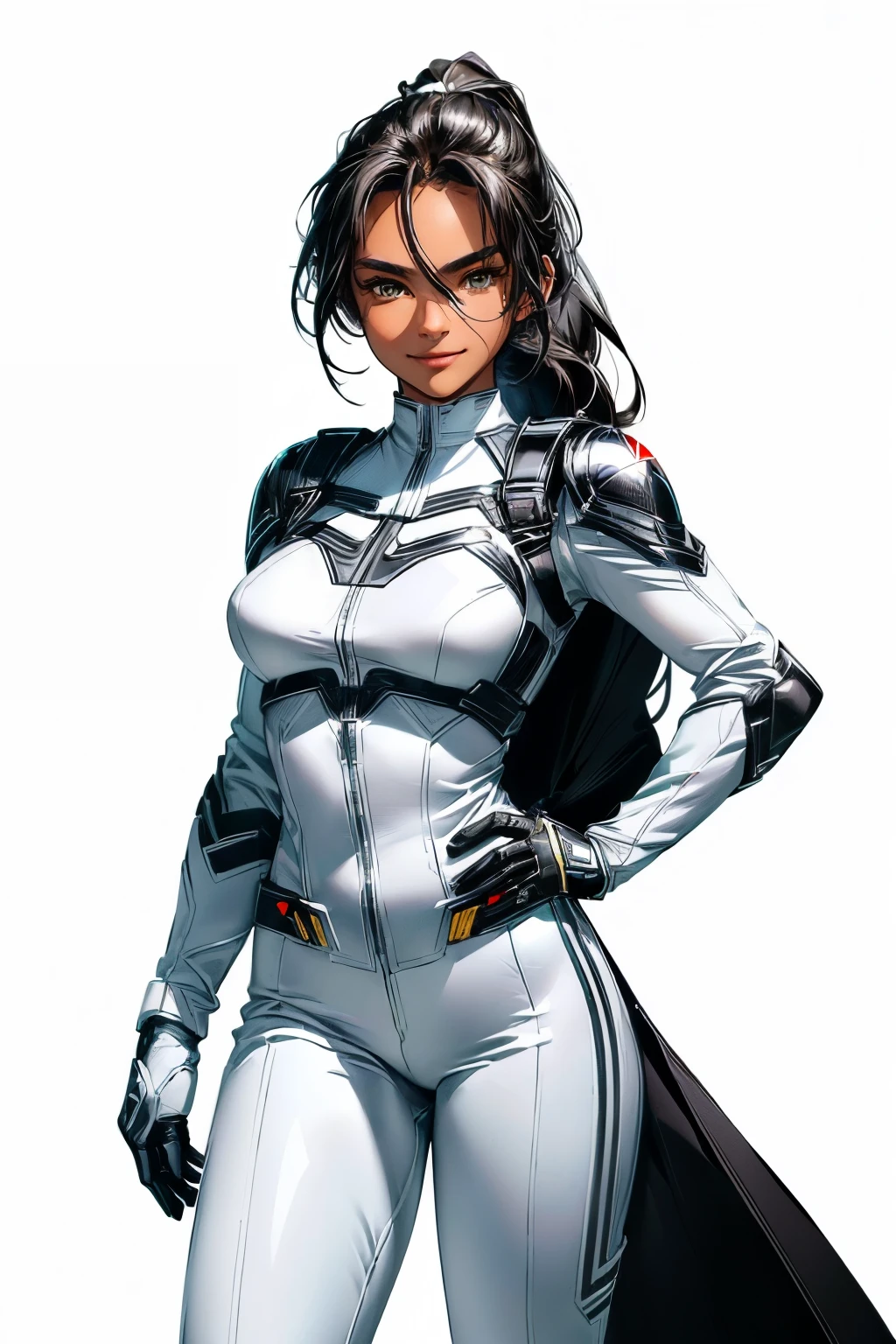 Masterpiece, Best Quality, Ultra-Detailed, 1girl, solo, young, teenager, ************, dark skin, black skin, black, black hair, long hair, ponytail, dark brown eyes, brown eyes, smiling, white x-man costume, white pants, superhero costume, superhero suit, white superhero mask:1.0, superhero mask:1.0, highly detailed exquisite fanart, high quality colored sketch, highly detailed character design, expert high detail concept art, blank background, white background