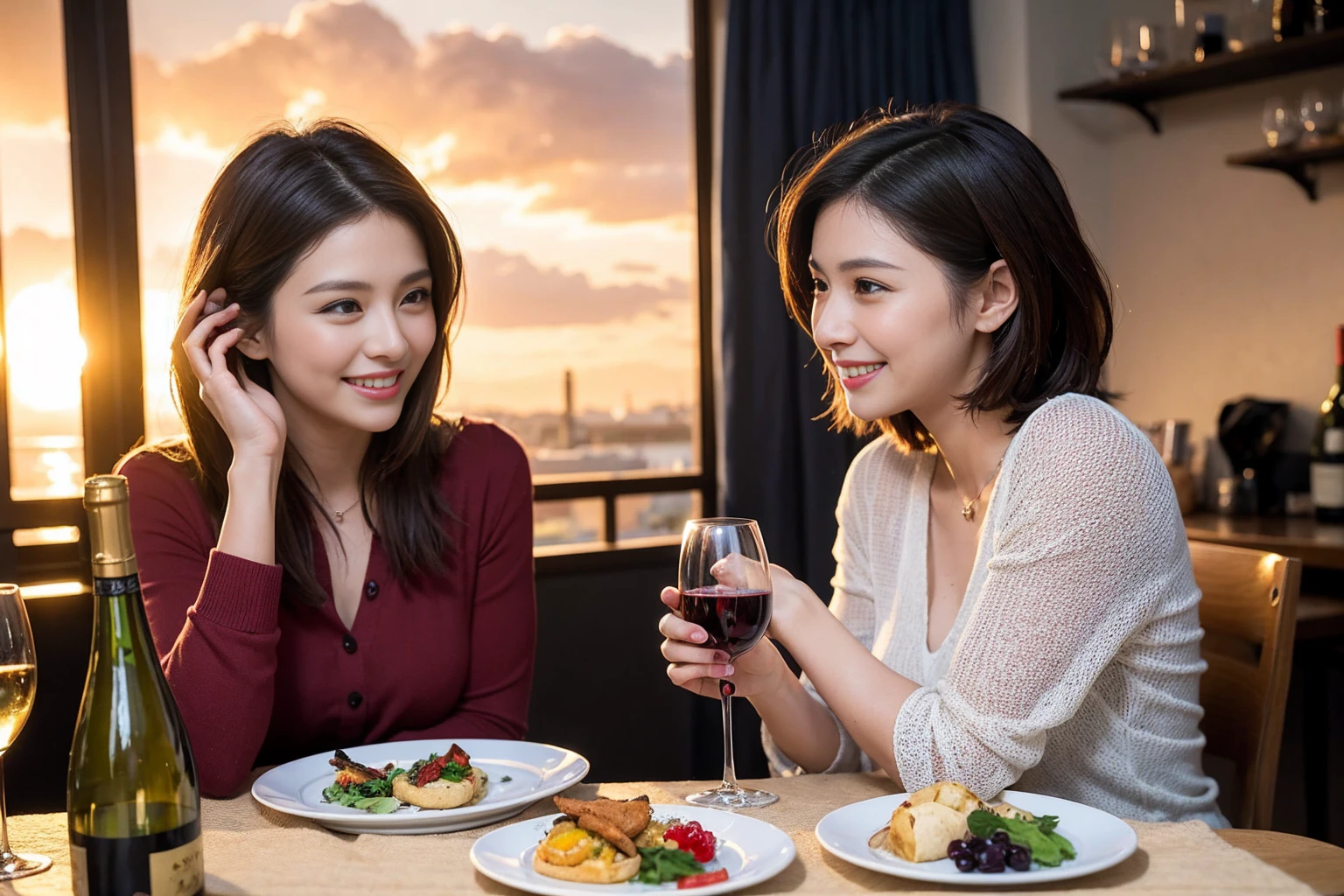 ((Highest quality、8k、masterpiece:1.3))、 (Genuineistic, Genuine、Bright image、Intricate details:1.2), Best smile 1 man 1 woman、Beautiful Couple、Lovers、Relatives and friends、actress couple、couple、Model Couple、Smile、A full-course dinner with a full table、テーブルにwine glass、 (Slim face), (The body is slim), (Brown Hair), (short hair), Please shine a light on my face、 Amazing view of the sunset sky and clouds、 (Age 43), 38 years old, red wine 、Appetizers、Wine bottle、sparkling wine、Long sleeve shirt、dress、White wine, red wine, wine glass, 