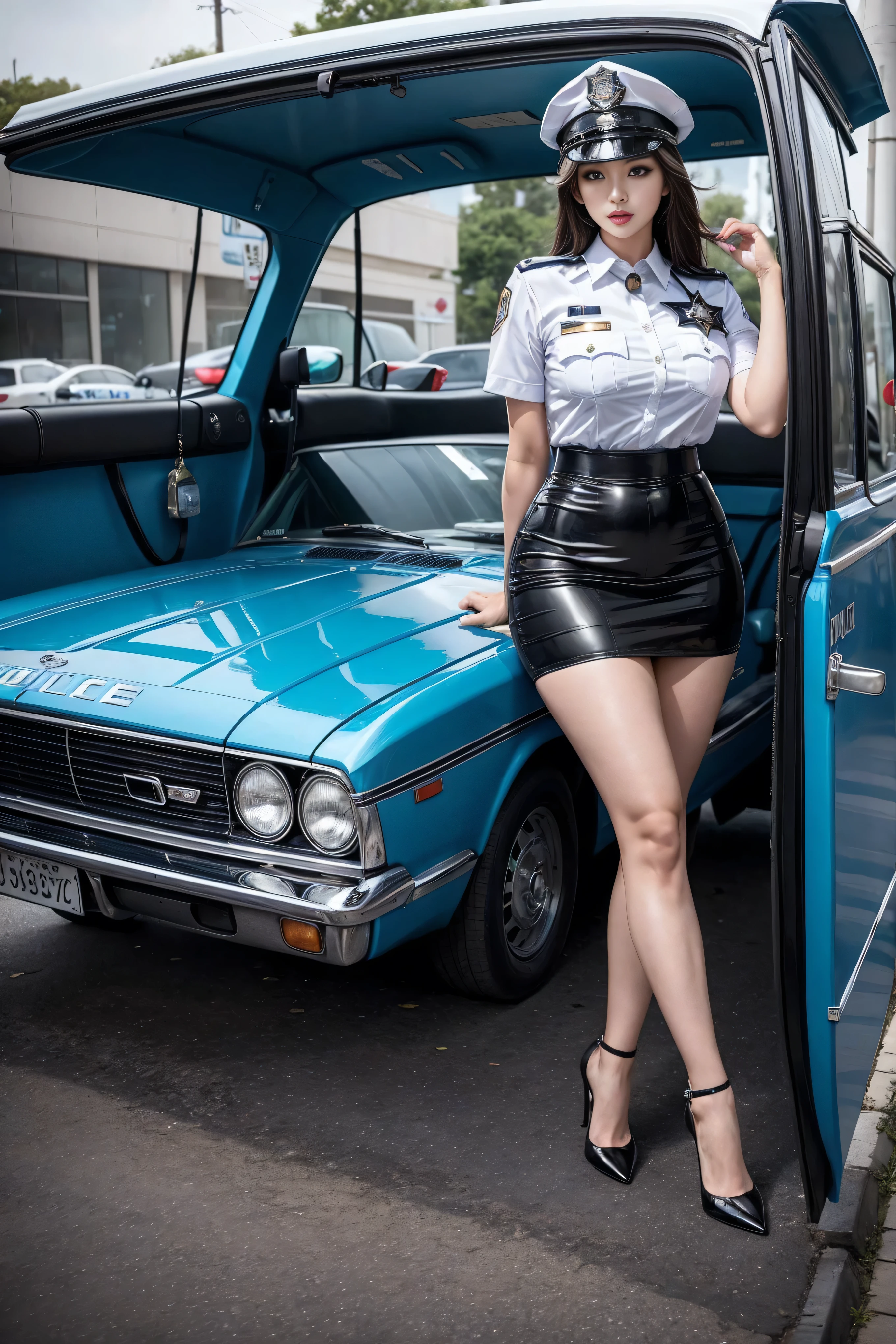 Posing in a city police car, photo，Sexy bulge, police officials, Dressed as a police officer, Bobby, official, , Full set of clothing, Female Sheriff, Korean female fashion models，Tight，Hip-covering skirt，Tight hip skirt，High heel，Pear-Shaped Body，Leg length，Wear different skin colors，Lace Hose