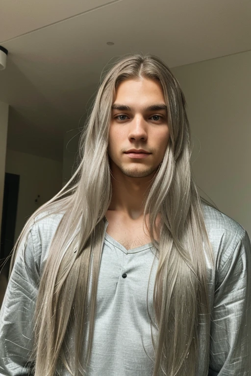 young man with very long silver hair, green eyes looking haughty