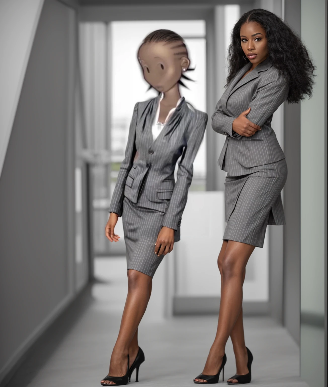 Black business woman in a
Pinstriped skirt suit with grey heels
