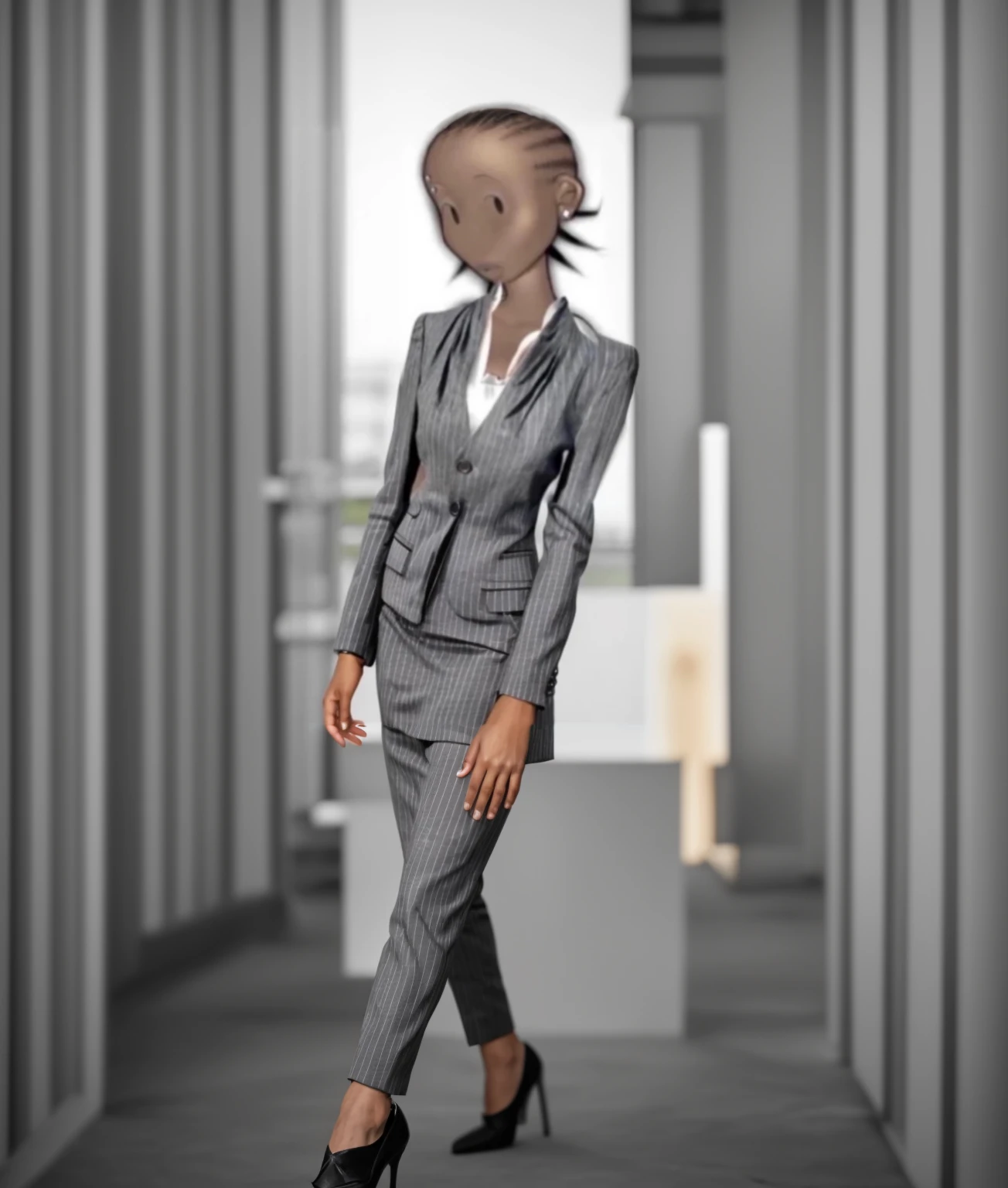 Black business woman in a
Pinstriped skirt suit with grey heels