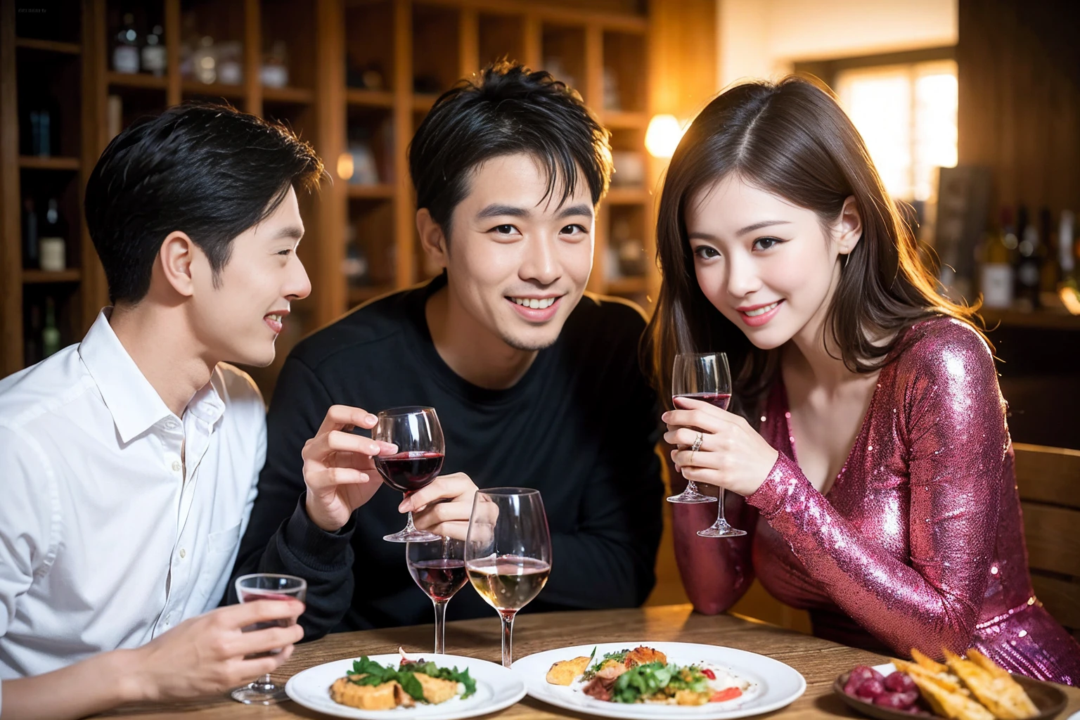 ((Highest quality、8k、masterpiece:1.3))、 (Genuineistic, Genuine、Bright image、Intricate details:1.2), Best smile 1 man 1 woman、Beautiful Couple、Lovers、Relatives and friends、actress couple、couple、Model Couple、Smile、A full-course dinner with a full table、テーブルにwine glass、 (Slim face), (The body is slim), (Brown Hair), (short hair), Please shine a light on my face、 Amazing view of the sunset sky and clouds、 (age 34), 38 years old, red wine 、Appetizers、Wine bottle、sparkling wine、Long sleeve shirt、dress、White wine, red wine, wine glass,