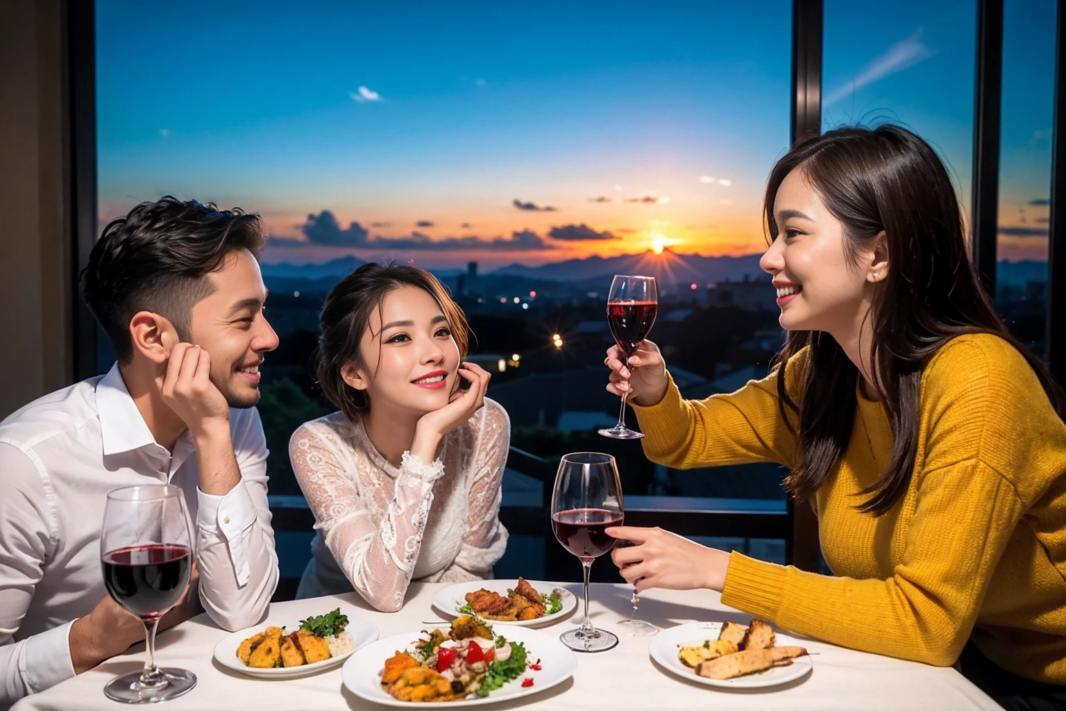 ((Highest quality、8k、masterpiece:1.3))、 (Genuineistic, Genuine、Bright image、Intricate details:1.2), Best smile 1 man 1 woman、Beautiful Couple、Lovers、Relatives and friends、actress couple、couple、Model Couple、Smile、A full-course dinner with a full table、テーブルにwine glass、 (Slim face), (The body is slim), (Brown Hair), (short hair), Please shine a light on my face、 Amazing view of the sunset sky and clouds、 (age 34), 38 years old, red wine 、Appetizers、Wine bottle、sparkling wine、Long sleeve shirt、dress、White wine, red wine, wine glass, 