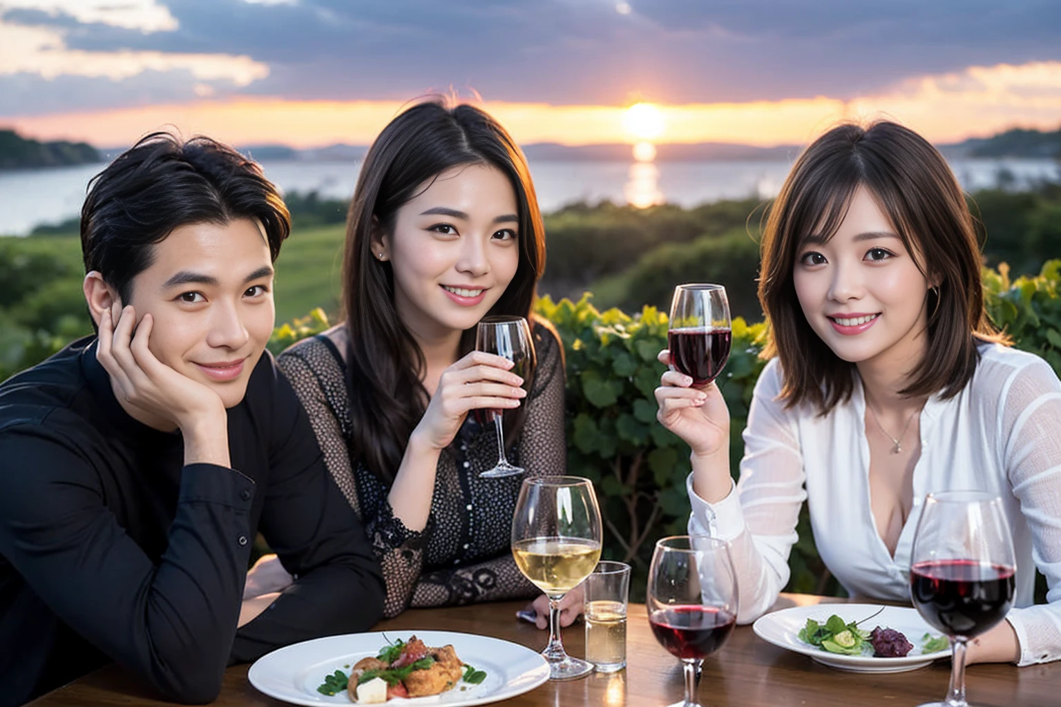 ((Highest quality、8k、masterpiece:1.3))、 (Genuineistic, Genuine、Bright image、Intricate details:1.2), Best smile 1 man 1 woman、Beautiful Couple、Lovers、Relatives and friends、actress couple、couple、Model Couple、Smile、A full-course dinner with a full table、テーブルにwine glass、 (Slim face), (The body is slim), (Brown Hair), (short hair), Please shine a light on my face、 Amazing view of the sunset sky and clouds、 (age 34), 38 years old, red wine 、Appetizers、Wine bottle、sparkling wine、Long sleeve shirt、dress、White wine, red wine, wine glass,