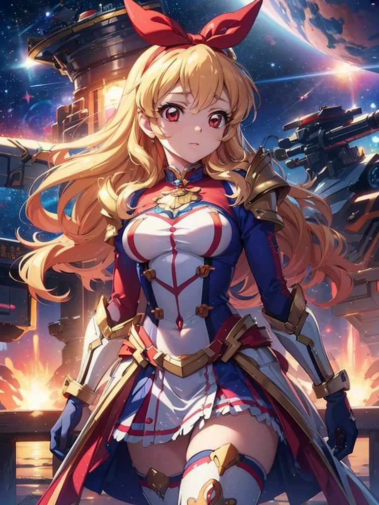 best quality, ultra detailed 8k cg render, masterpiece, high resolution, extremely detailed,
voluptuous beauty mecha girl,
super breasts,
, blonde hair, RED eyes,
gold White mix color mecha armor,
RED hair bund,
universe,outer space,
Venus planet,
bubble image,
persona face,Ichigo Hoshimiya (Aikatsu!)