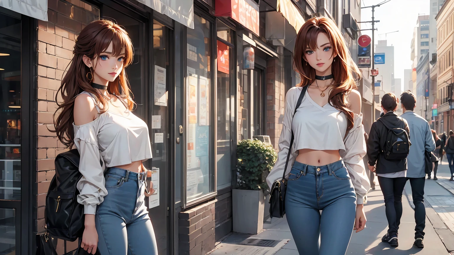 This ultra-detailed illustration features a stunning European university woman, elegantly portrayed in a modern anime style. She has chic, auburn hair neatly pinned with stylish clips. Her vibrant blue eyes sparkle with mischief and vitality, and her flirty smile exudes charm and confidence. She radiates youthful energy and beauty, reminiscent of Asuka from Neon Genesis Evangelion and Megan Fox. She is dressed in a trendy outfit: a fashionable cropped top that offers a glimpse of her toned midriff, perfectly paired with high-waisted jeans that hug her curves. The look is accessorized to perfection with a choker necklace and a small, chic backpack slung over one shoulder. Set against an urban backdrop with a wall covered in pop art graffiti, the scene captures the essence of contemporary city life. The image is rendered in 4K resolution with high-quality computer graphics, blending elegant and casual fashion elements. The lighting is a mix of chiaroscuro, golden hour, studio, and natural volumetric lighting, creating a warm and inviting color palette. The highly detailed face, eyes, lips, and realistic skin tones are enhanced with intricate details, making the character photorealistic and lifelike. This beautiful modern anime character, with her combination of elegance, charm, and contemporary style, is depicted in an image that captures her in a moment of captivating beauty and sophistication.
