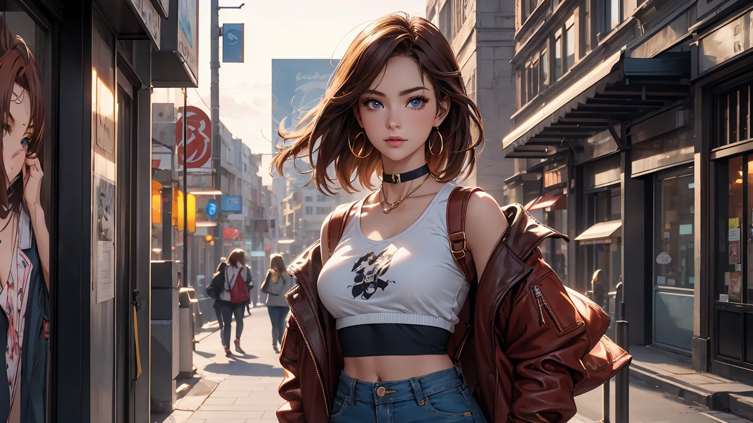 This ultra-detailed illustration features a stunning European university woman, elegantly portrayed in a modern anime style. She has chic, auburn hair neatly pinned with stylish clips. Her vibrant blue eyes sparkle with mischief and vitality, and her flirty smile exudes charm and confidence. She radiates youthful energy and beauty, reminiscent of Asuka from Neon Genesis Evangelion and Megan Fox. She is dressed in a trendy outfit: a fashionable cropped top that offers a glimpse of her toned midriff, perfectly paired with high-waisted jeans that hug her curves. The look is accessorized to perfection with a choker necklace and a small, chic backpack slung over one shoulder. Set against an urban backdrop with a wall covered in pop art graffiti, the scene captures the essence of contemporary city life. The image is rendered in 4K resolution with high-quality computer graphics, blending elegant and casual fashion elements. The lighting is a mix of chiaroscuro, golden hour, studio, and natural volumetric lighting, creating a warm and inviting color palette. The highly detailed face, eyes, lips, and realistic skin tones are enhanced with intricate details, making the character photorealistic and lifelike. This beautiful modern anime character, with her combination of elegance, charm, and contemporary style, is depicted in an image that captures her in a moment of captivating beauty and sophistication.