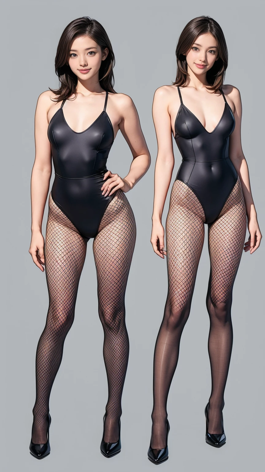 ((masterpiece)),(((Highest quality))),((Character design sheet)),Thin thighs,Long legs,Bunny girl:1.5,wearing black fishnet tights:1.5,The best smile:1.5,Full Body Shot:1.5,Gray background:1.5,Wearing black high heels:1.5,Wearing a black high-cut swimsuit:1.5,
