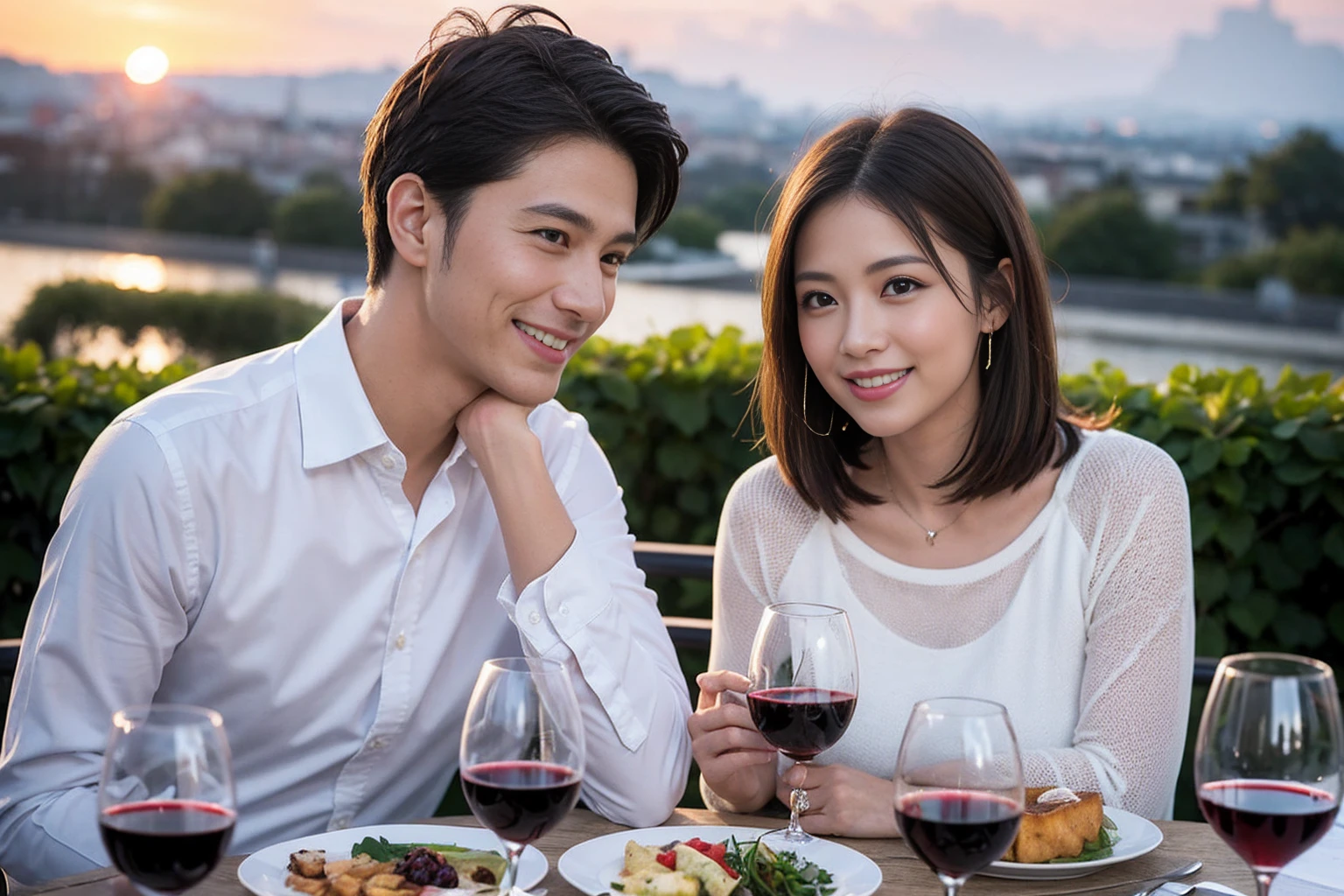 ((Highest quality、8k、masterpiece:1.3))、 (Genuineistic, Genuine、Bright image、Intricate details:1.2), Best smile 1 man 1 woman、Beautiful Couple、Lovers、Relatives and friends、actress couple、couple、Model Couple、Smile、A full-course dinner with a full table、テーブルにwine glass、 (Slim face), (The body is slim), (Brown Hair), (short hair), Please shine a light on my face、 Amazing view of the sunset sky and clouds、 (Age 40), 38 years old, red wine 、Appetizers、Wine bottle、sparkling wine、Long sleeve shirt、dress、White wine, red wine, wine glass,