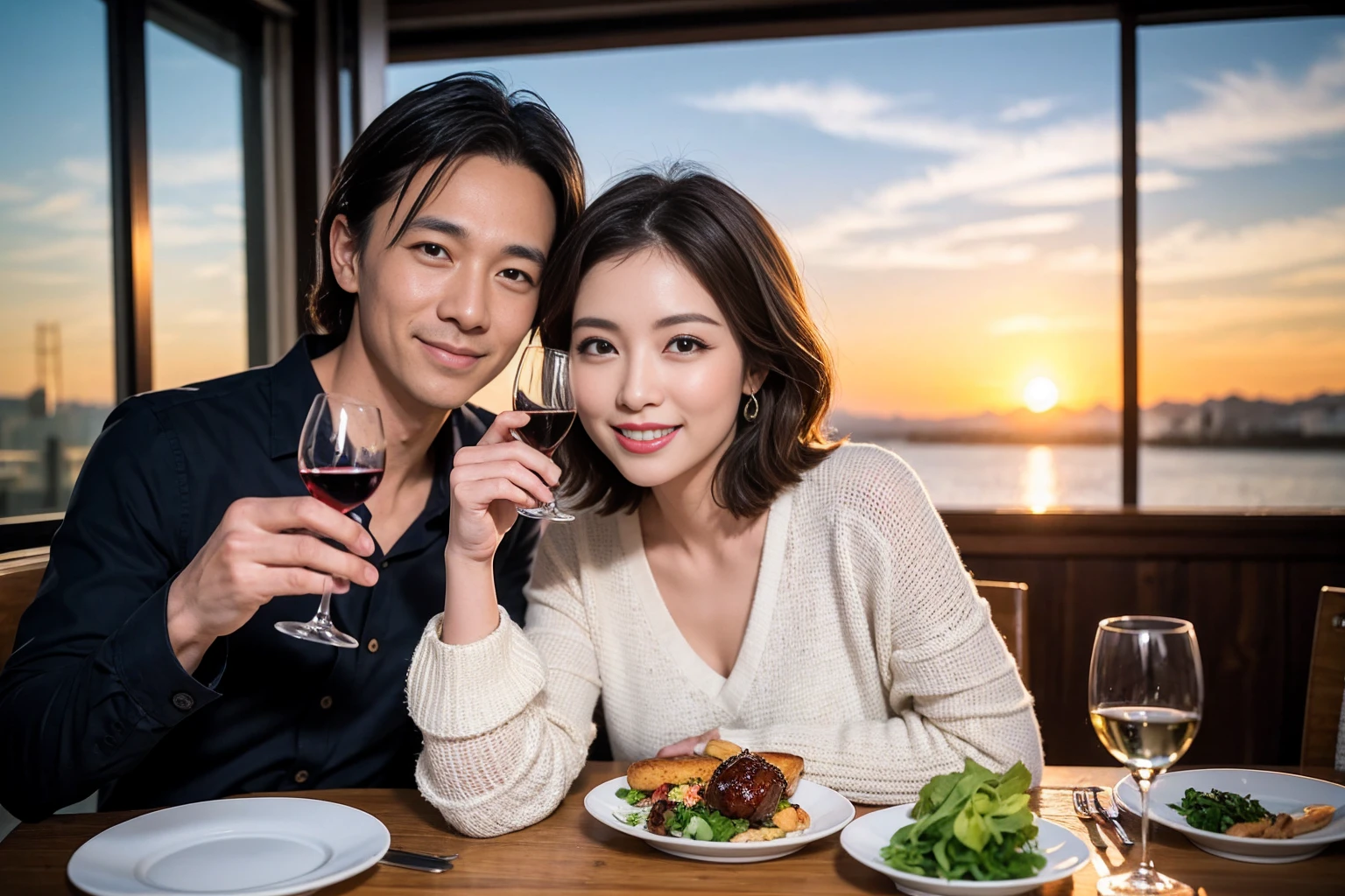 ((Highest quality、8k、masterpiece:1.3))、 (Genuineistic, Genuine、Bright image、Intricate details:1.2), Best smile 1 man 1 woman、Beautiful Couple、Lovers、Relatives and friends、actress couple、couple、Model Couple、Smile、A full-course dinner with a full table、テーブルにwine glass、 (Slim face), (The body is slim), (Brown Hair), (short hair), Please shine a light on my face、 Amazing view of the sunset sky and clouds、 (Age 40), 38 years old, red wine 、Appetizers、Wine bottle、sparkling wine、Long sleeve shirt、dress、White wine, red wine, wine glass,