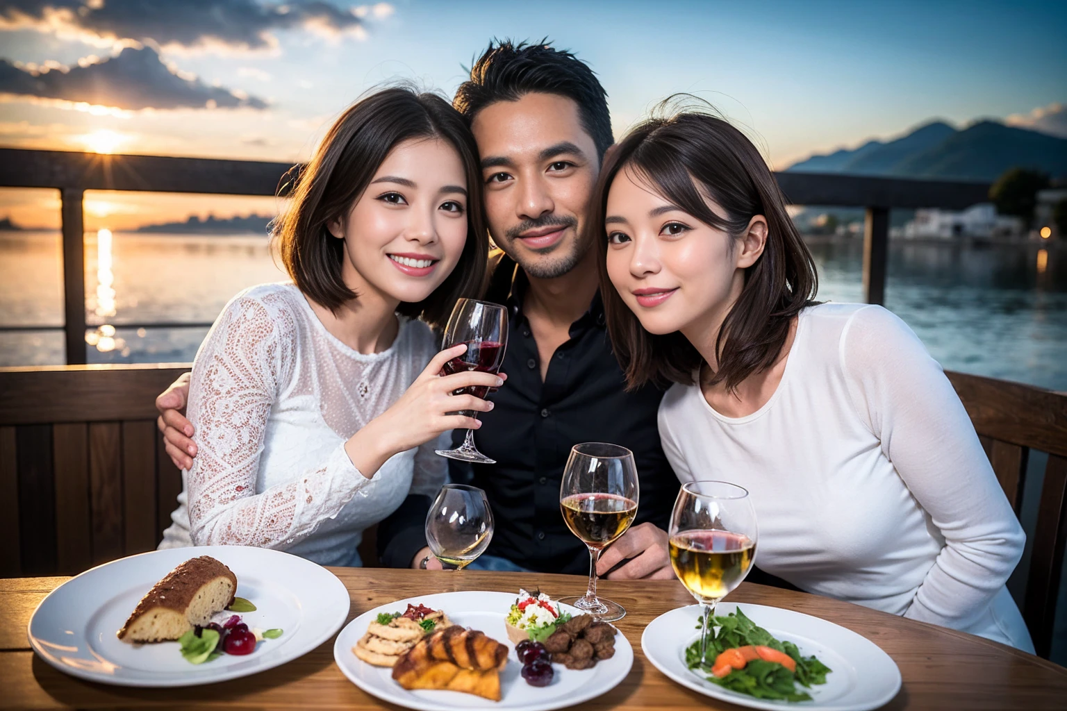 ((Highest quality、8k、masterpiece:1.3))、 (Genuineistic, Genuine、Bright image、Intricate details:1.2), Best smile 1 man 1 woman、Beautiful Couple、Lovers、Relatives and friends、actress couple、couple、Model Couple、Smile、A full-course dinner with a full table、テーブルにwine glass、 (Slim face), (The body is slim), (Brown Hair), (short hair), Please shine a light on my face、 Amazing view of the sunset sky and clouds、 (Age 40), 38 years old, red wine 、Appetizers、Wine bottle、sparkling wine、Long sleeve shirt、dress、White wine, red wine, wine glass,