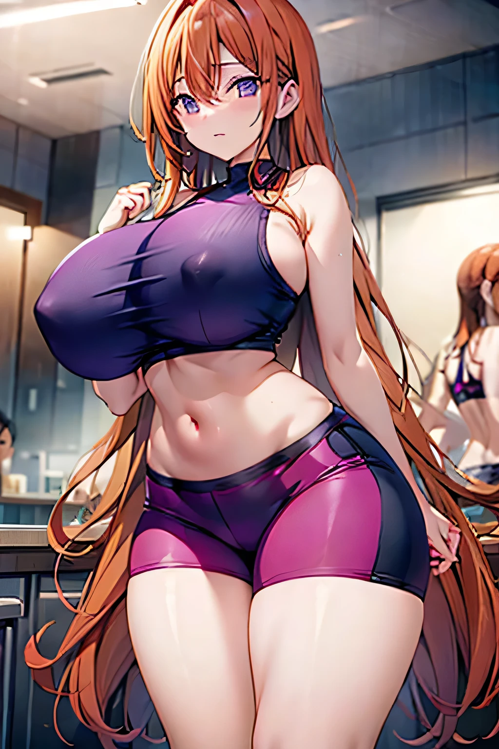 A beautiful woman with long straight orange hair wearing a purple sports bra, and black lycra shorts