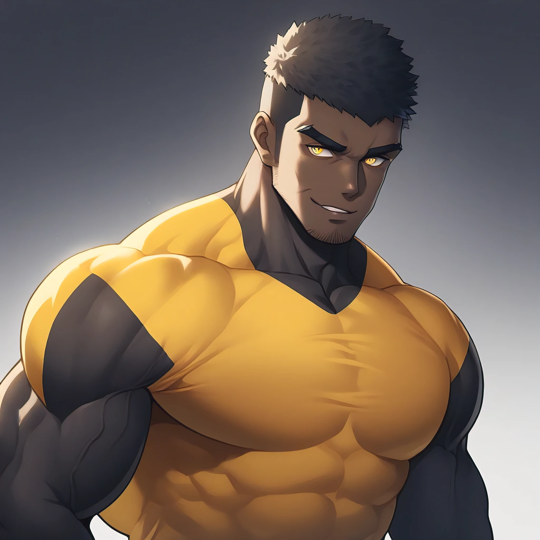 negro, negro, negro, anime characters：Gyee, Muscle Sports Student, negro black skin, Very Black, 1 muscular tough guy, Manliness, male focus, Dark grey and Yellow long sleeve tights, Regular symmetrical pattern, Very tight, The pectoral muscles are oversized, Slightly transparent, muscular male, muscular, only, Upper body, alone, Black short hair, Thick eyebrows, stubble, Yellow eyes, White background, simple background, amazing quality, best aesthetics, Ridiculous, bright pupils, crew cut, parted lips, seductive smile, torogao, naughty face, best quality