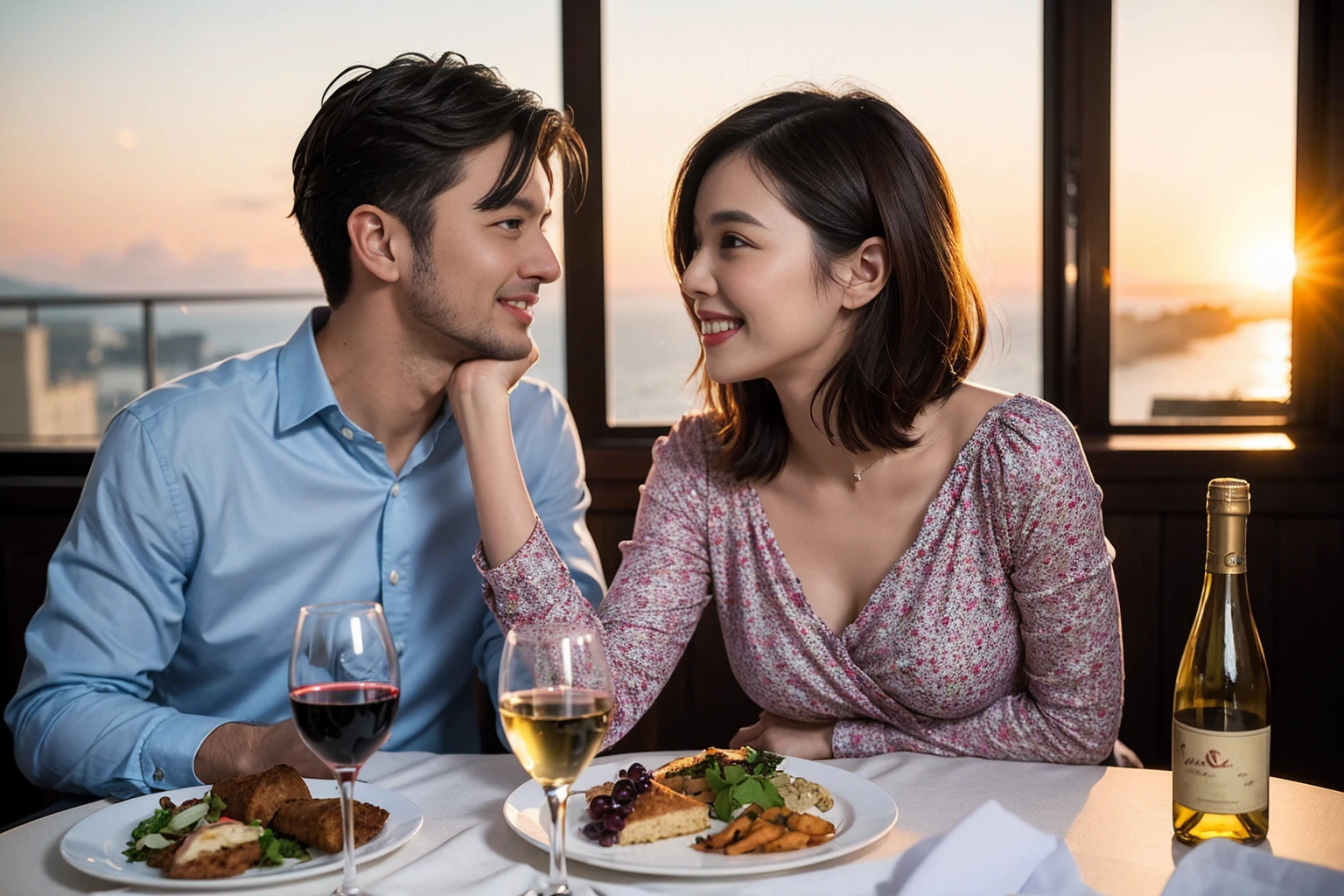 ((Highest quality、8k、masterpiece:1.3))、 (Genuineistic, Genuine、Bright image、Intricate details:1.2), Best smile 1 man 1 woman、Beautiful Couple、Lovers、Relatives and friends、actress couple、couple、Model Couple、Smile、A full-course dinner with a full table、テーブルにwine glass、 (Slim face), (The body is slim), (Brown Hair), (short hair), Please shine a light on my face、 Amazing view of the sunset sky and clouds、 (age 34), 38 years old, red wine 、Appetizers、Wine bottle、sparkling wine、Long sleeve shirt、dress、White wine, red wine, wine glass,