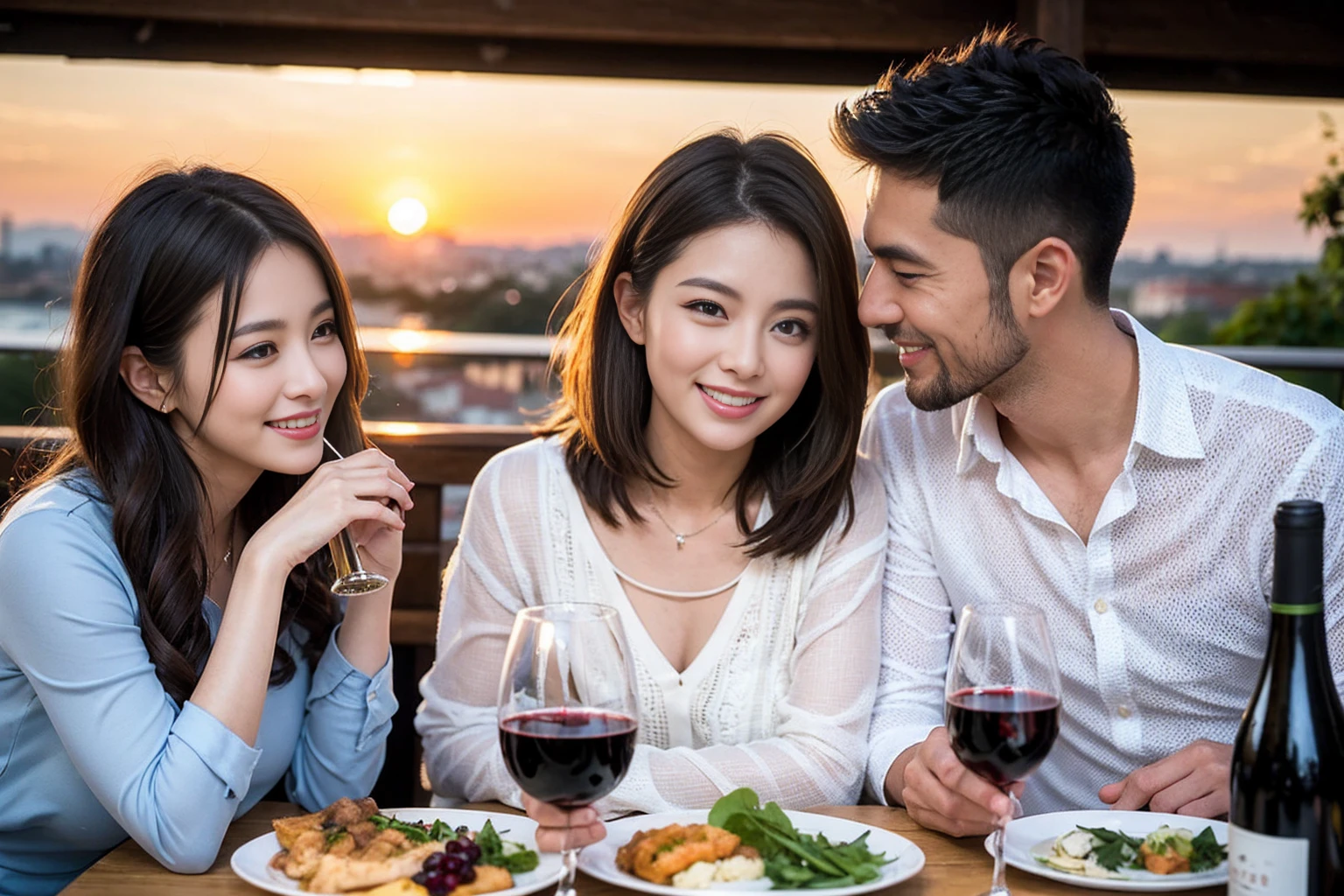 ((Highest quality、8k、masterpiece:1.3))、 (Genuineistic, Genuine、Bright image、Intricate details:1.2), Best smile 1 man 1 woman、Beautiful Couple、Lovers、Relatives and friends、actress couple、couple、Model Couple、Smile、A full-course dinner with a full table、テーブルにwine glass、 (Slim face), (The body is slim), (Brown Hair), (short hair), Please shine a light on my face、 Amazing view of the sunset sky and clouds、 (age 34), 38 years old, red wine 、Appetizers、Wine bottle、sparkling wine、Long sleeve shirt、dress、White wine, red wine, wine glass, 