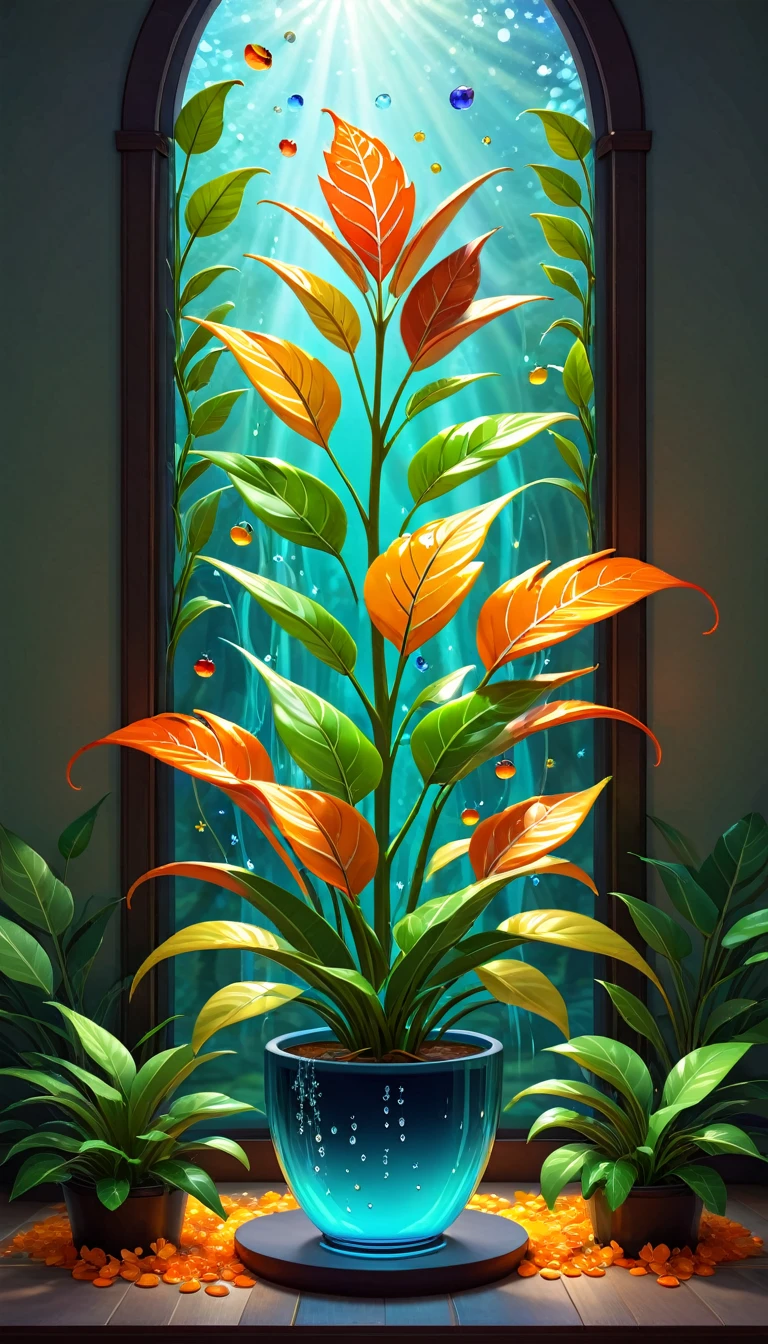Stained glass style，(a magical plant，Colorful rainbow orange)，Leaves covered with nectar, Plants covered in liquid, Cute 3d rendering, Rendering in Cinema 4D Octane, Blender Art, cinema 4d color rendering, 非常detailed幸福照片, rendered in cinema4d, Color Octane Rendering, Full of energy, Fair, translucent, complicated, detailed