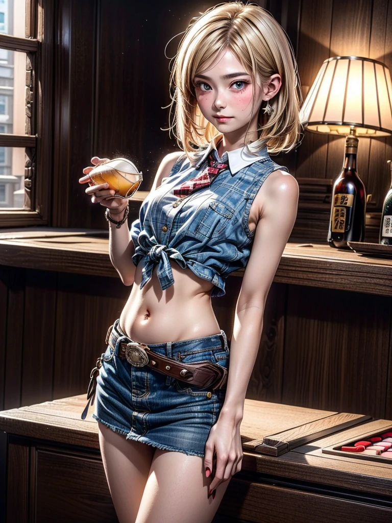 (((1 person:2.0))),(((Cowgirl Costume))),(((Low waist denim shorts))),(((Wear a western hat))),(((wear a leather belt))),(((He is wearing short sleeves, Plaid, Front tie shirt.))),(((wear the watch))),(((short boots))),(((Showing cleavage))),(((Exposed thin inner thighs))),(((Small breasts:1.5))),(((Bare arms))),(((Her hair is blonde))),, Beautiful detailed girl, Very detailed目と顔, 緻密でBeautiful Eyes, Very detailed, High resolution, highest quality, masterpiece, Very detailed, 8k wallpaper, wonderful, finely, highest quality, The light shines on your face,,(Night Bar),Beautiful Eyes,Being drunk,Full body shot information