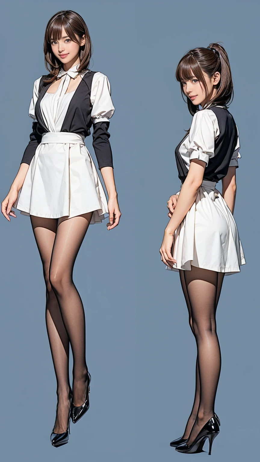 ((masterpiece)),(((Highest quality))),((Character design sheet)),Thin thighs,Long legs,Bunny girl in a light blue maid outfit:1.5,Wearing light blue tights:1.5,The best smile:1.5,Full Body Shot:1.5,Gray background:1.5,Wearing black high heels:1.5,short side waves:1.5,