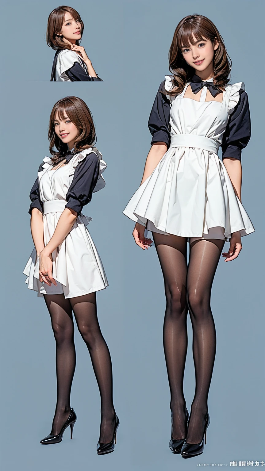 ((masterpiece)),(((Highest quality))),((Character design sheet)),Thin thighs,Long legs,Bunny girl in a light blue maid outfit:1.5,Wearing light blue tights:1.5,The best smile:1.5,Full Body Shot:1.5,Gray background:1.5,Wearing black high heels:1.5,short side waves:1.5,