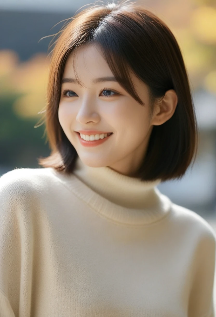 8k, Ultra-high resolution, Highest quality, masterpiece, 三分割法によるphotograph,Surreal, photograph, 1 girl, (:1.3), pretty girl, Cute face, Beautiful eyes in every detail, 細かくdetailedに,masterpiece,, One Girl:1.2, Japan Female Announcer,whole body,Young Wife,Urban area,street tree,The arrival of autumn,Turtleneck sweater,A scene in mini length,Full of cleanliness,A carefree smile,Healing the heart,Short Bob,Looking at the audience、beauty,Long neck、Laugh a little、Please close your mouth and laugh、(((Ideal body type))),A-cup small breasts :2,、Portraiture:2、Perfect Anatomy、鮮明なdetailed、detailed、Surreal、Light and shadow,Strong light