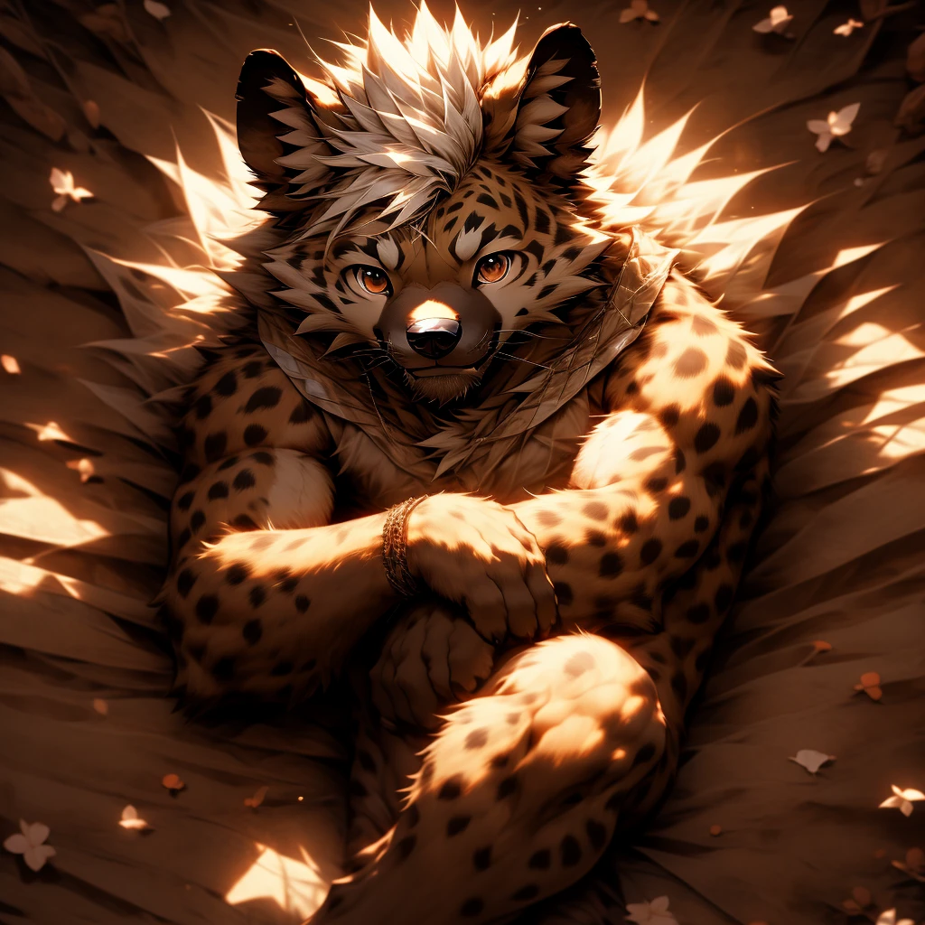 Dynamic angle, masterpiece, high quality, Solitary, young Furry, hairy, young, hyena, Only the head has spiky white hair, Brown eyes, masterpiece, Detailed body, The whole body is covered with hair, Delicate face, delicate eyes, Detailed hands, strong, paw, high resolution, No shirt, No underwear,Lying down,Ass to the camera