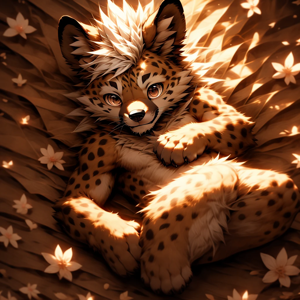 Dynamic angle, masterpiece, high quality, Solitary, young Furry, hairy, young, hyena, Only the head has spiky white hair, Brown eyes, masterpiece, Detailed body, The whole body is covered with hair, Delicate face, delicate eyes, Detailed hands, strong, paw, high resolution, No shirt, No underwear,Lying down,Ass to the camera