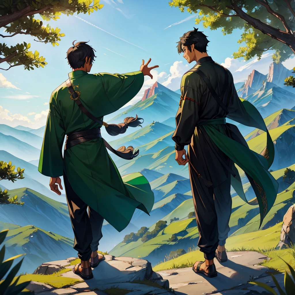 back view black hair boy in the green mountain and the dragon flyinf