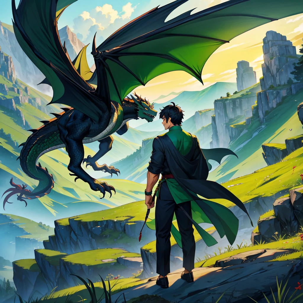 back view black hair boy in the green mountain and the dragon flyinf
